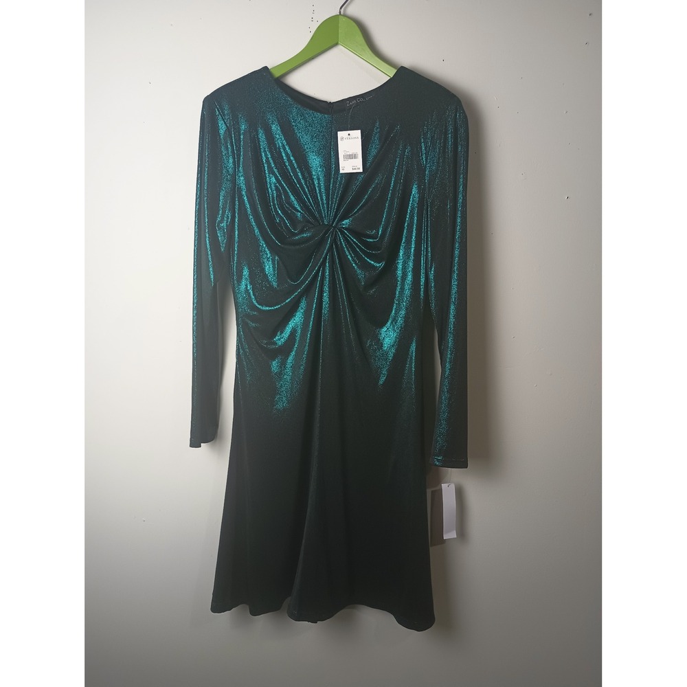 Zarr Collection Metallic Emerald Green Twist Front Long Sleeve Dress Size 10 NWT